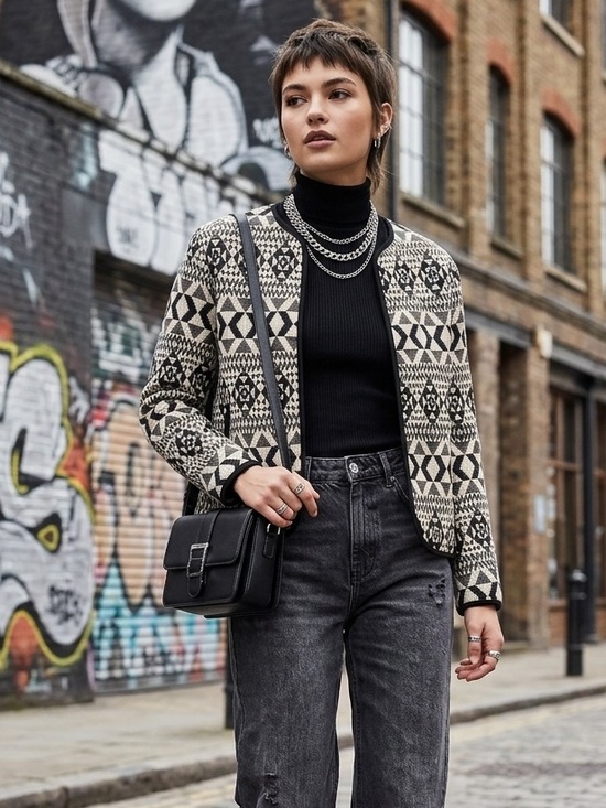 Topshop Jackets & Blazers - Topshop Black & White Cropped Geometric Knit Jacket